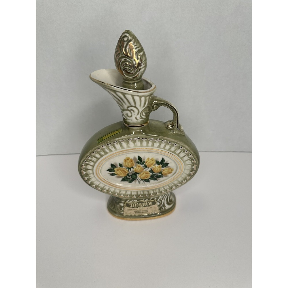 Jim Beam Decanter Pitcher Vintage Floral Yellow Rose Green Gold 4/5 Quart
